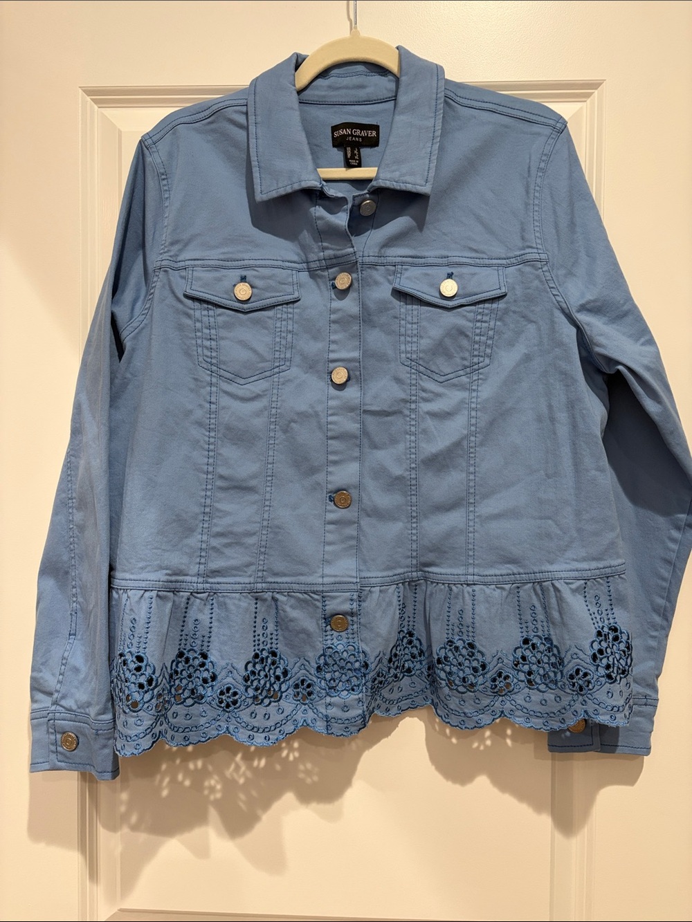 Susan Graver Blue Denim-Style Jacket with Scalloped Eyelet Hem, L
